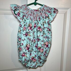 Smocked Polkadot Little Girls Size 2 One Piece Floral Bubble Outfit